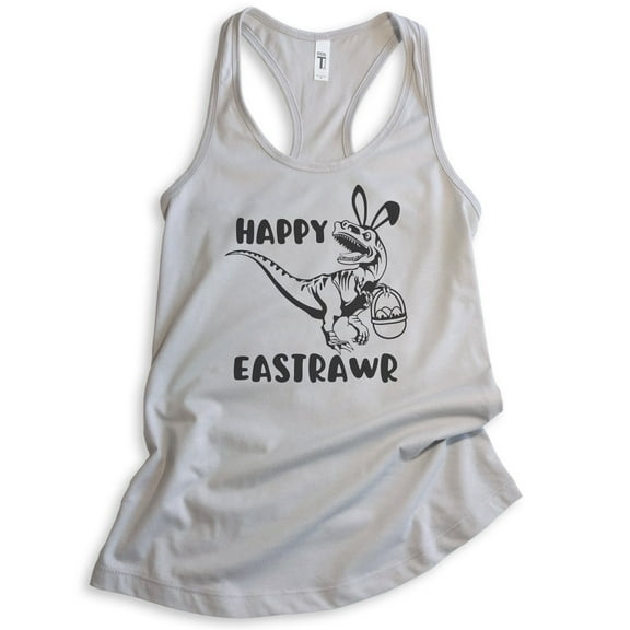 Happy Easterawr Dinosaur Tank Top, Ladies Racerback Tank Top, Easter Tank, Dinosaur Tank, Silver Gray, Small