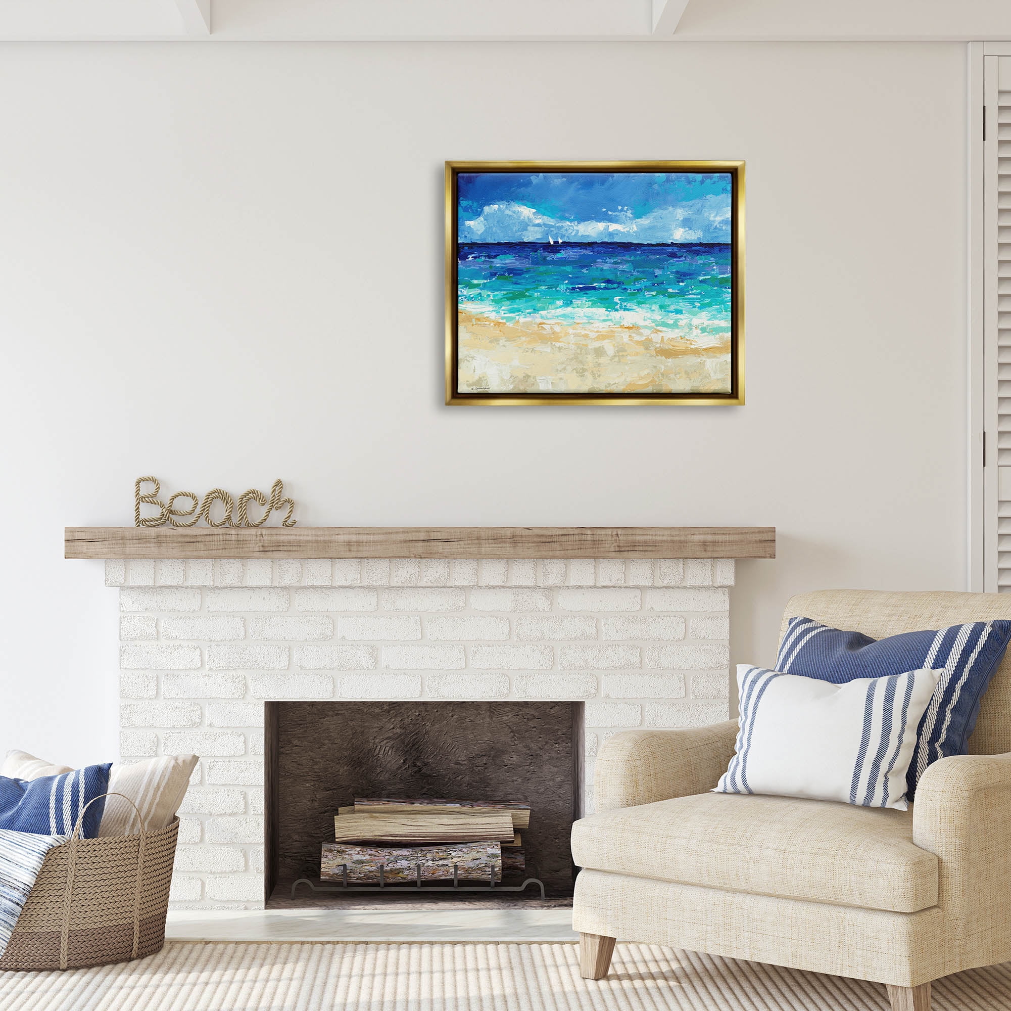 Stupell Industries Modern Beach Scene Abstract Shore Coastal Painting Gold Floater Framed Art Print Wall Art
