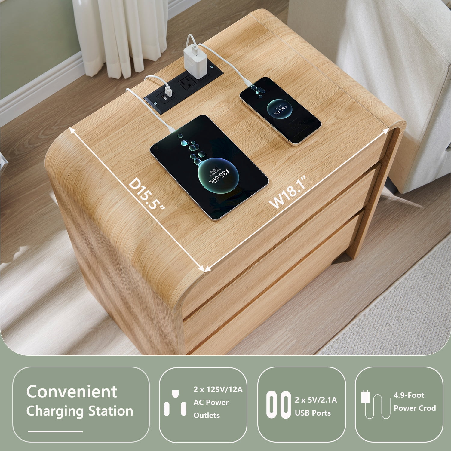 wow97e Modern Nightstand with Charging Station, 3 Drawer Wood Bedside Table w/Curved Profile Design for Bedroom