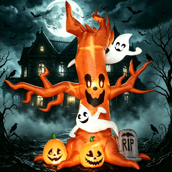 Joyfy 8 FT Halloween Inflatables Spooky Tree with Ghost,Pumpkin & Tombstone Tree Blow Up Decor with Built-in LED Lights for Yard,Lawn,Garden,Party,Holiday Outdoor Decorations