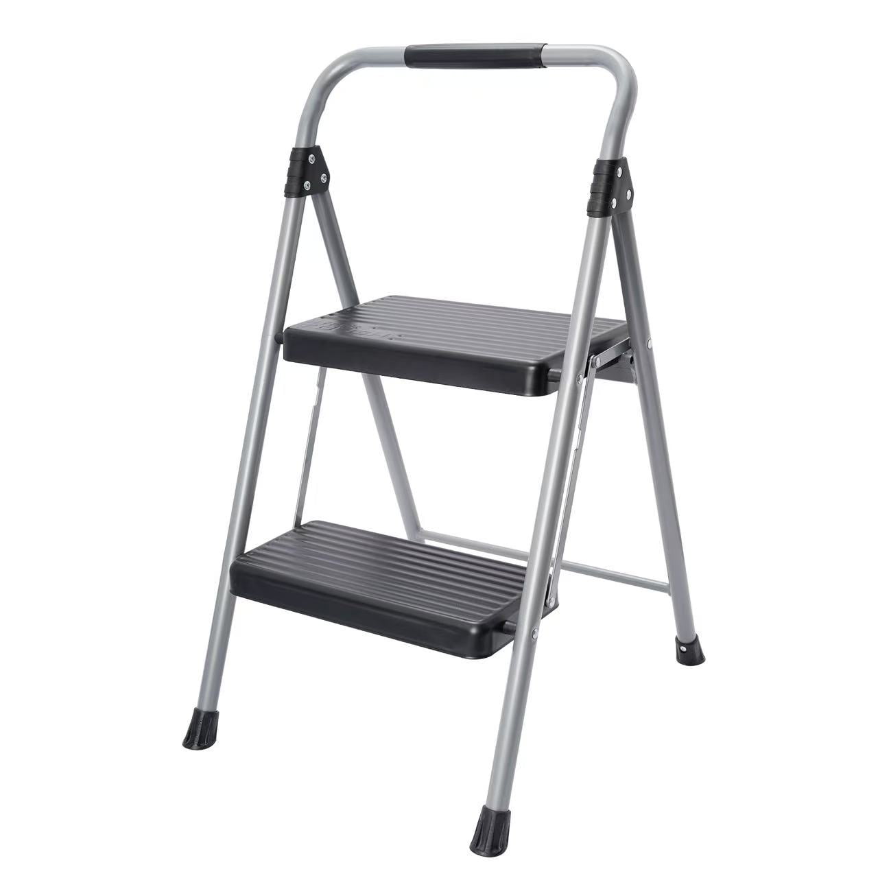 Hyper Tough Gray & Black 2-Step Steel Large Platform & Foldable Step Stool – Holds up to 225 Pounds