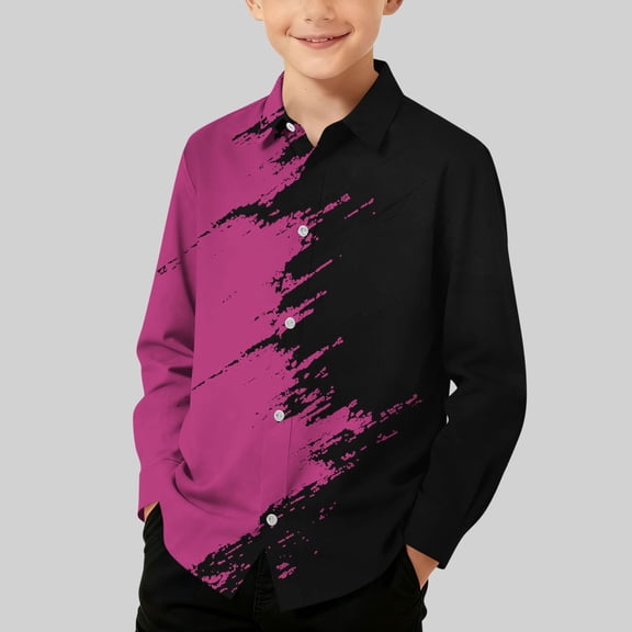 LJEFF Boys' Long-Sleeve Shirt, Collar Spring and Fall Button Down Bold Brushstroke Print Casual Tops for Kids Blue Size 3-4 T