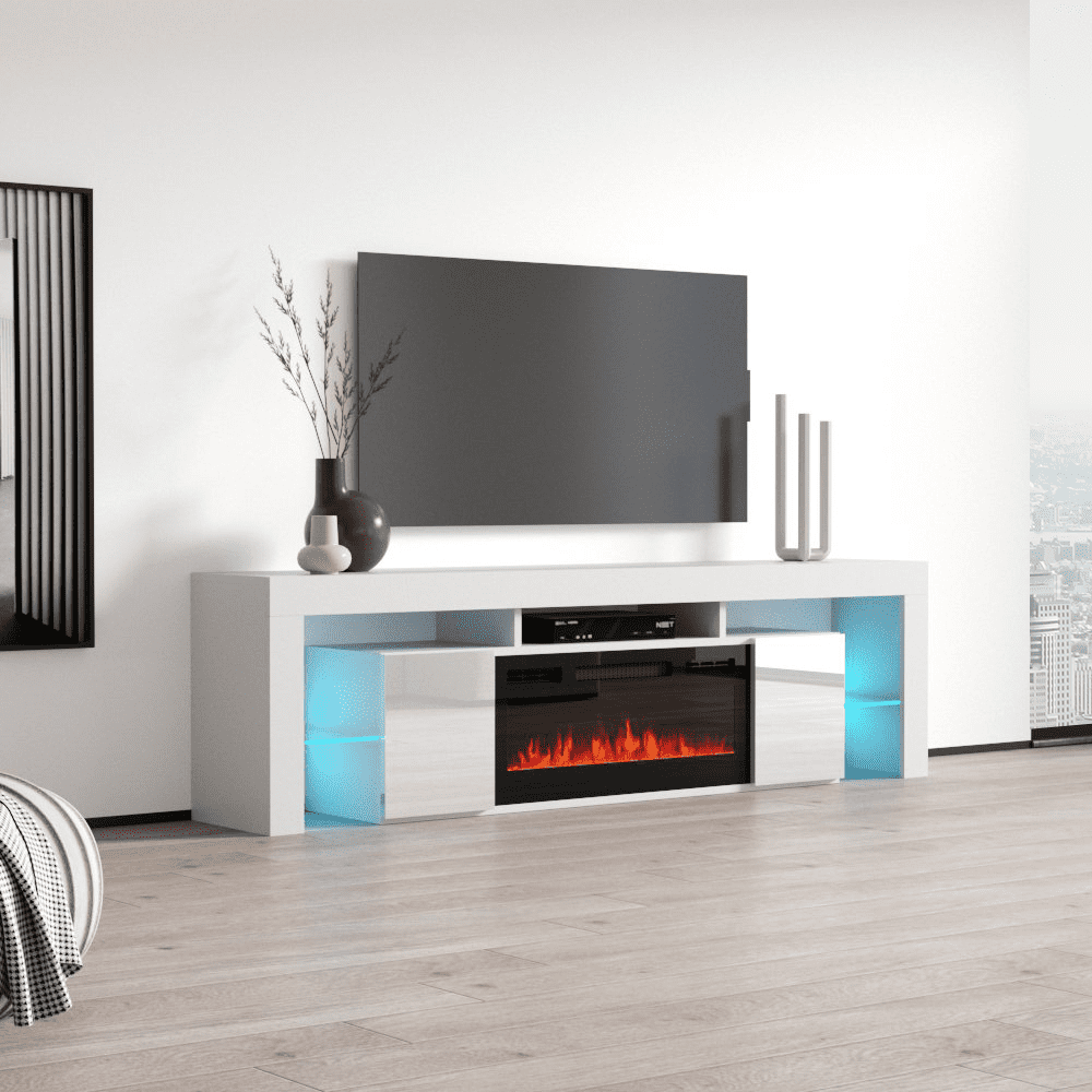 Soleo BL-EF Fireplace TV Stand for TVs up to 90", Modern High Gloss 79" Entertainment Center, Electric Fireplace TV Media Console with Storage Cabinets