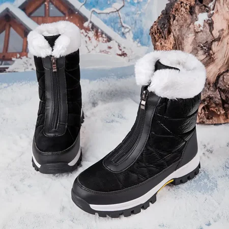

Thermal Plush Inner Zipper Front Winter Snow Boots Round Toe Thick Sole Calf Boots Women‘s Footwear