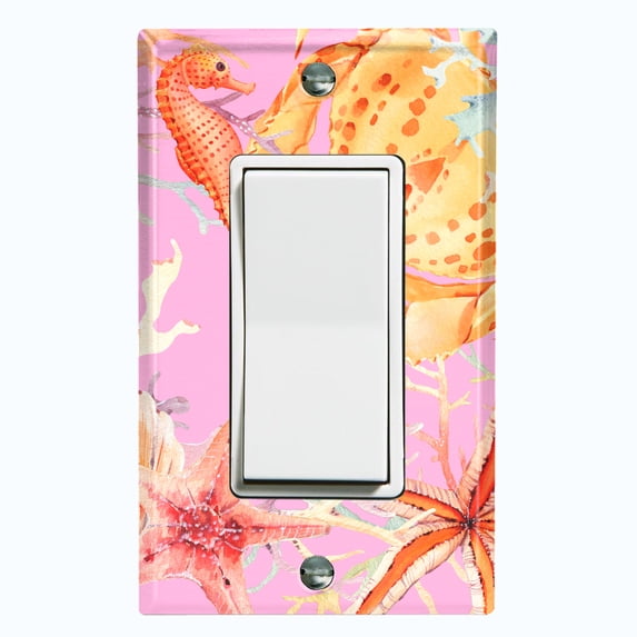 Metal Light Switch Wall Plate Outlet Cover (Ocean Star Fish Sea Shell Coral Reef Clam Pink - Single Rocker)
