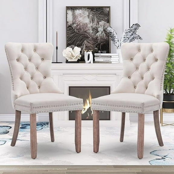 SoarFlash Velvet Dining Chairs Set of 2, Tall Back Side Chair, Modern Upholstered High-end Tufted Side Chair with Button Back Ring, Solid Wood Legs (Beige)