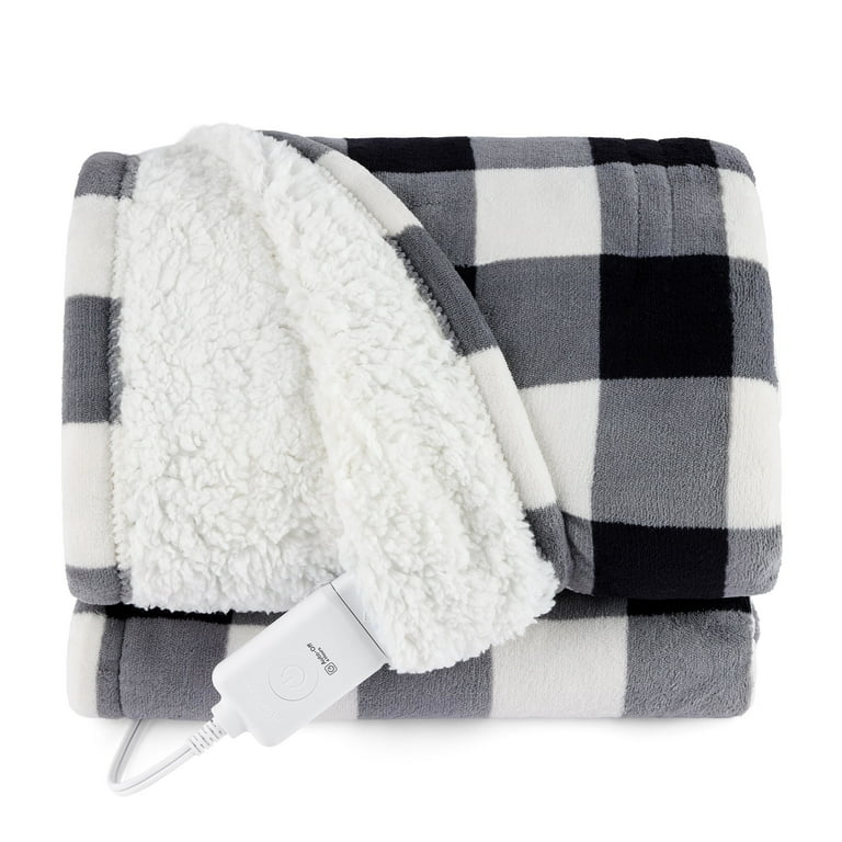 Sunbeam Electric Heated Throw Blanket Black/White Plaid Microplush
