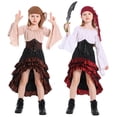 thumbnail image 4 of EnJoCho Girls Renaisance Outfit Skirt Pirate with Renaisance 𝖬edieval Long Sleeve Shirt Corset Waist Belt Headscarf Girls Ruffle Sleeve Dress, 4 of 7