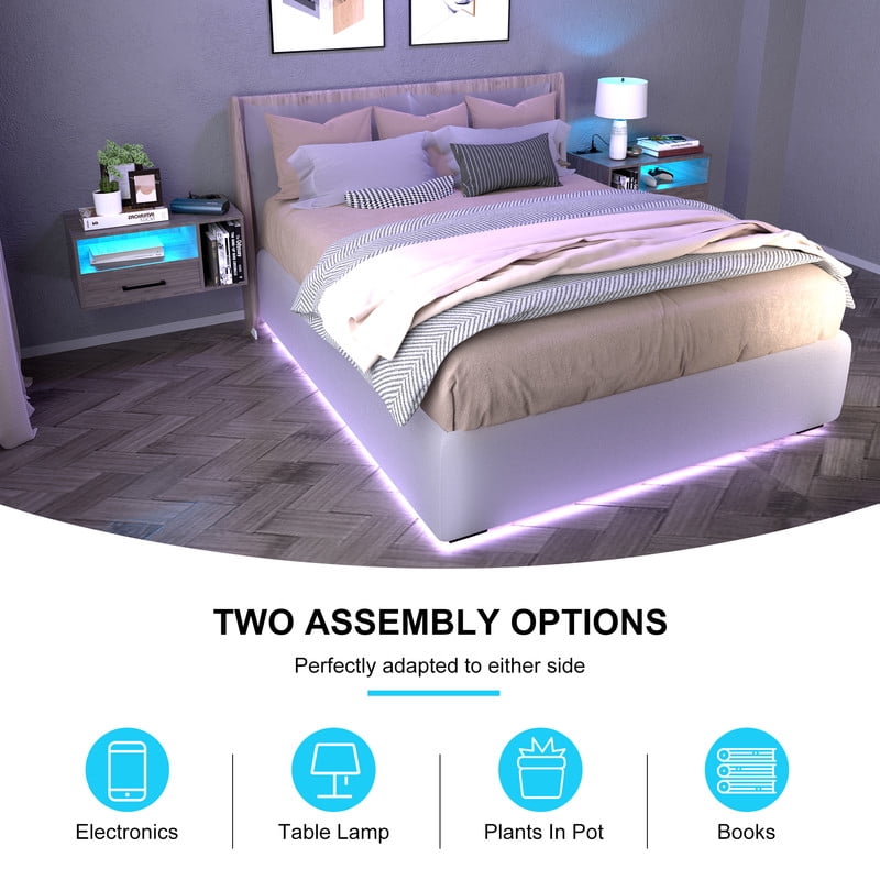 LED Nightstand with Remote Control 26.8” Modern Floating Nightstand with USB Port and Outlet for Bedroom, Light Brown