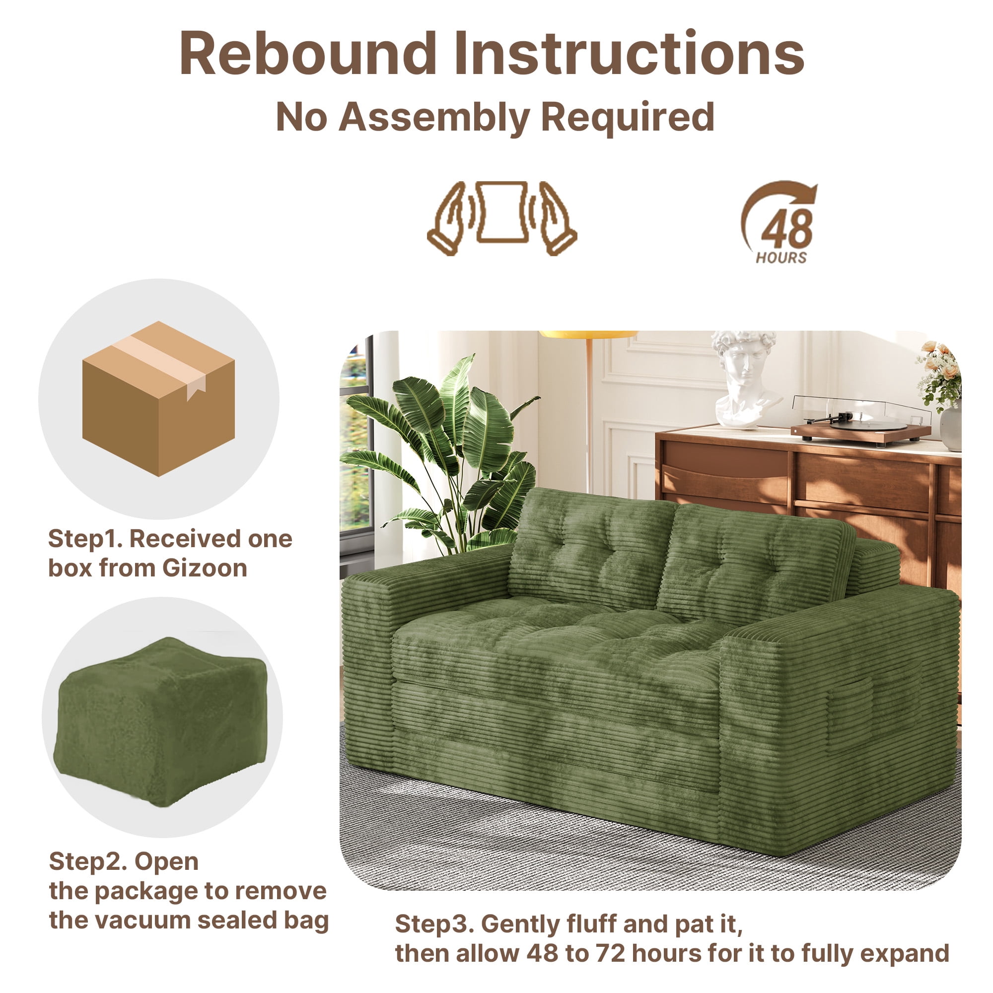 Boneless Convertible Floor Sofa Bed, Lofka 59" Folding Loveseat Couch for Small Spaces, Corduroy 2 Seater Lounge Sleeper with 2 Pillows & Pockets for Living Room, No Assembly, Green