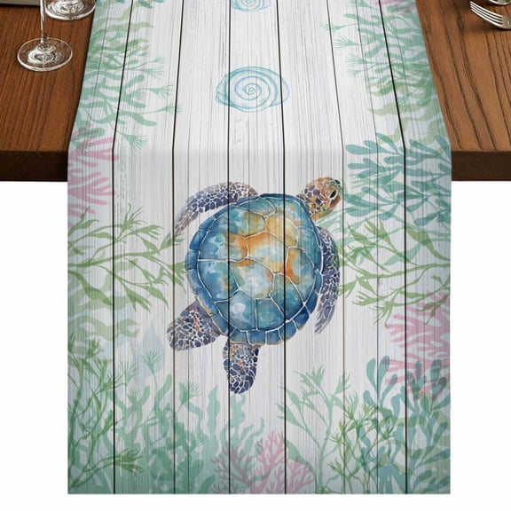 Table Runners 48 Inches Long Dress Scarves, Sea Turtle Coastal Farmhouse Kitchen/Dining Table Runner, Short Coffee Tablerunners, Blue Green Summer Beach Coral Wooden 13x48 Inch