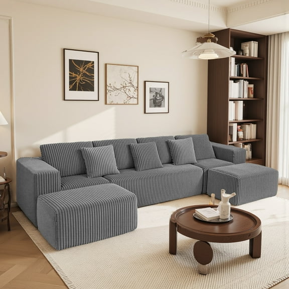 Modular U-Shaped Sectional Sofa, 132-inch 4-Seater Reversible Chaise Lounge with Striped Corduroy Fabric, Freely Configurable Gray Couch for Living Room, Zero Assembly Required