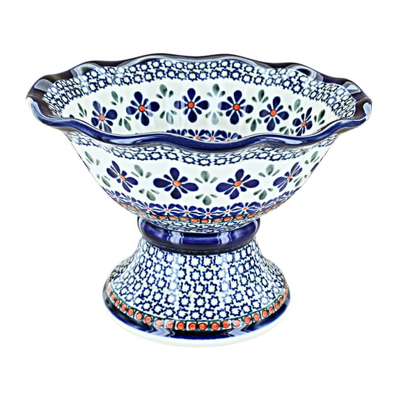 Blue Rose Polish Pottery Mosaic Flower Small Pedestal Fruit Bowl