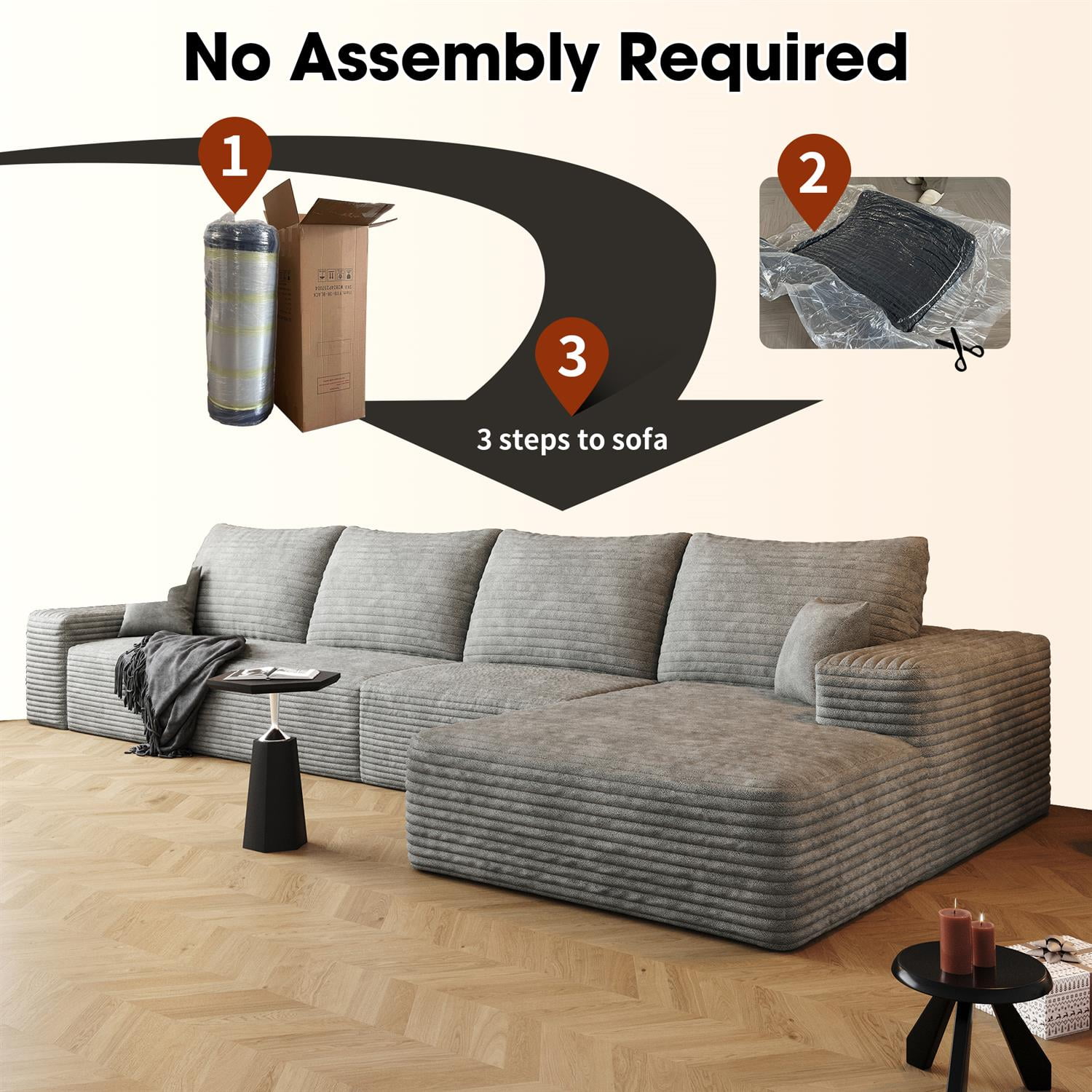 Demi Bonn 135" L-Shaped Cloud Sectional Sofa with Chaise, Modern Deep Seat Modular Couch for Living Room/Bedroom, No Assembly Needed, Gray