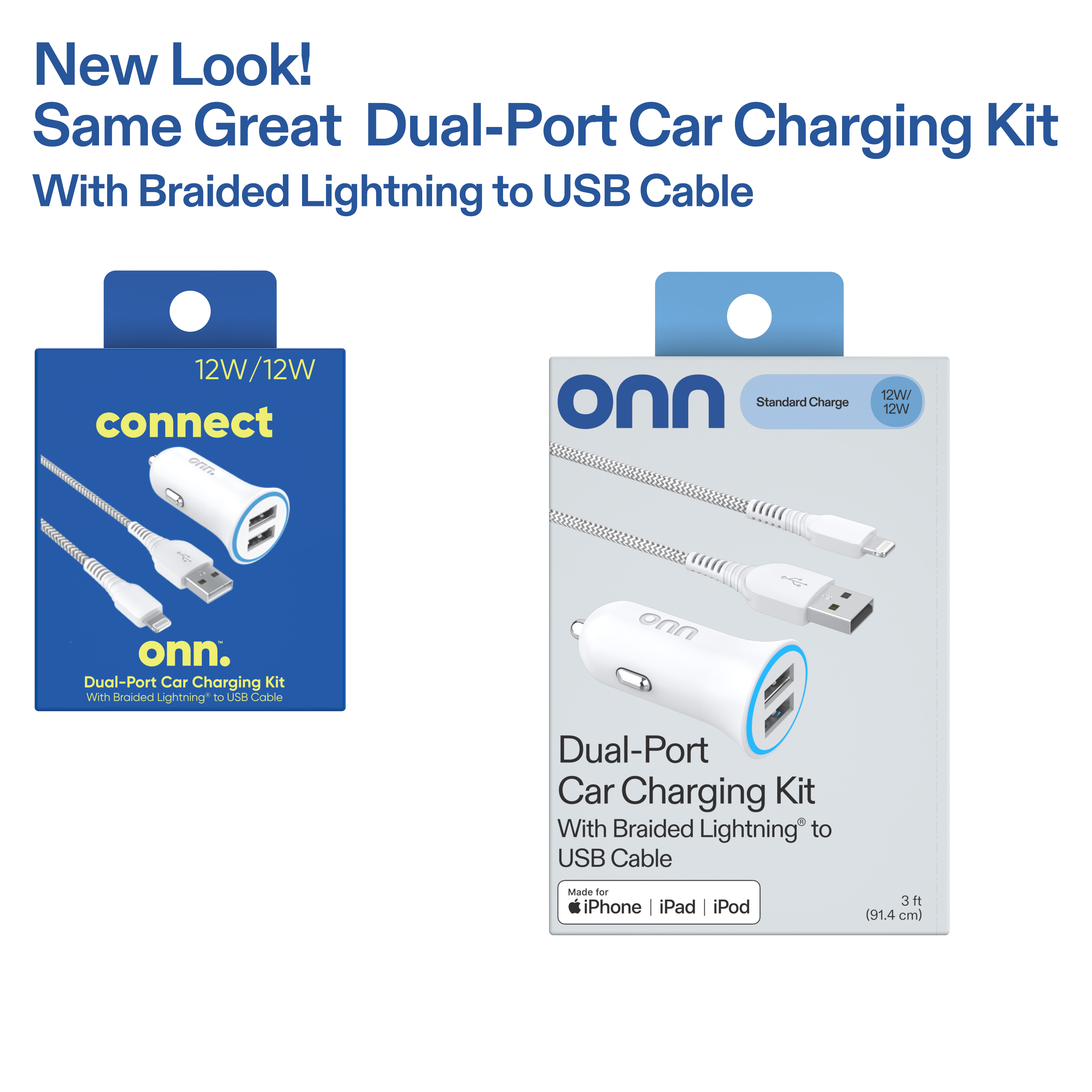 Onn 24W Dual USB-A Car Charger with Lightning Cable, White photo 7