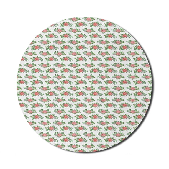 Romantic Mouse Pad for Computers, Rose Bouquets Floral Wedding Branches Corsage Retro Bridal Foliage, Round Non-Slip Thick Rubber Modern Mousepad, 8" Round, Dark Coral and Fern Green, by Ambesonne