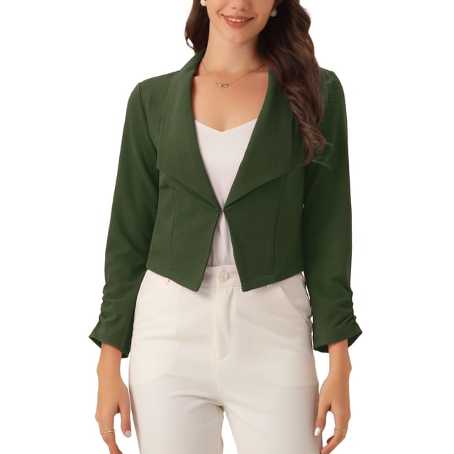 Chaqueta de mujer Allegra K con solapa acanalada y mangas fruncidas, blazer de negocios recortado en verde ejército