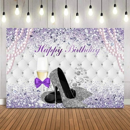Image of Purple Birthday Backdrop Sliver glitter High heels Champagne Adult Birthday Photo Background Dress up party supplies photocall
