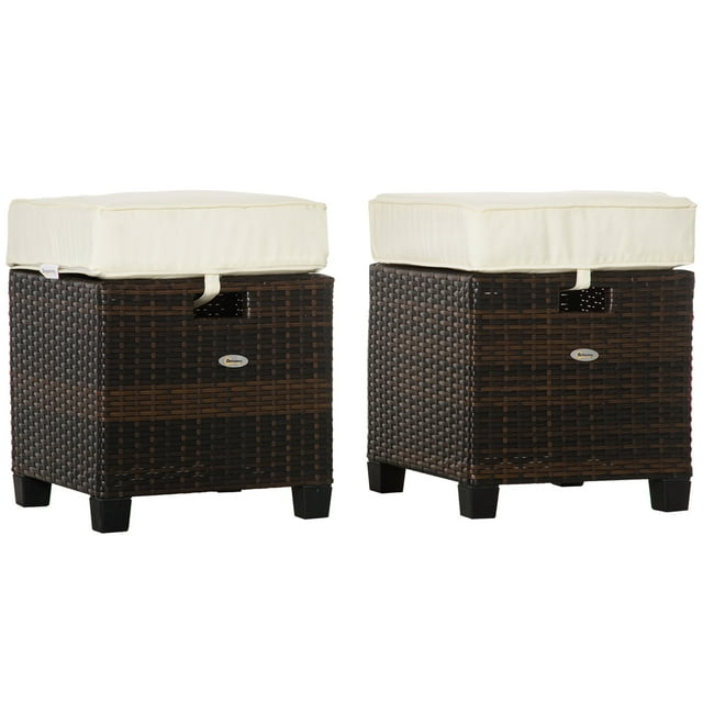 Outsunny 2 PCS Patio Wicker Ottoman Set, Two Square Outdoor PE Rattan Footrest with Removable Cushion, Freely Combined Furniture w/ Handle for Backyard, Garden, Poolside, Beige