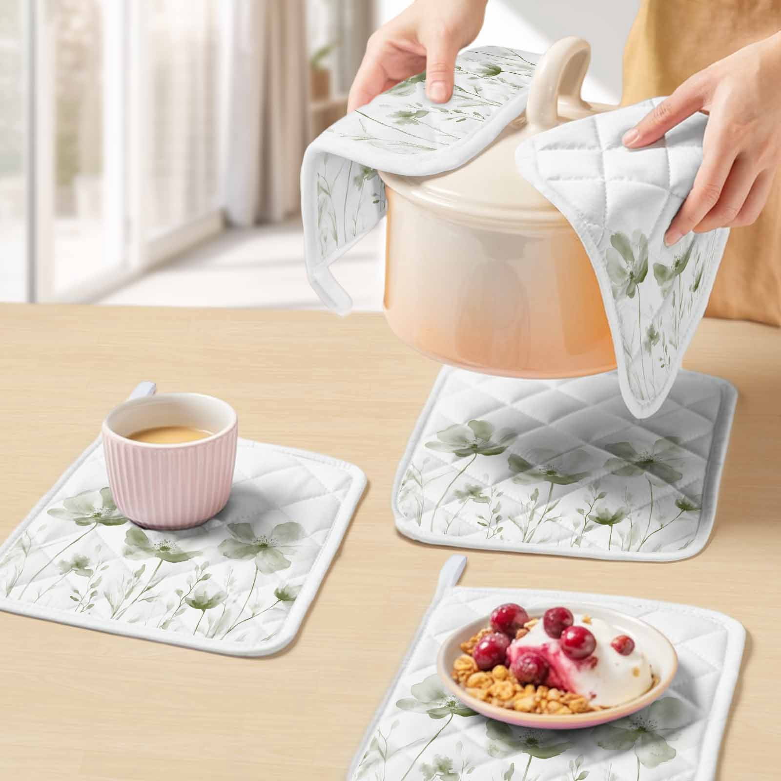 Sage Green Flowers Pot Holders for Kitchen Heatproof Potholder, 5 Pack Watercolor Retro White Floral Leaves Hot Pads Multipurpose Oven Pads Cloth Potholders Trivet for Cooking Baking