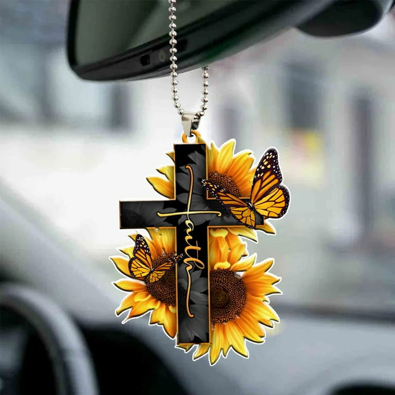 Faith Sunflower God Jesus Cross Christian Butterfly Lover Gift Car Hanging  Decorative Ornament Car Pendant Interior Rear View Mirror Charm Accessories  Homemade Window Decor Wall Sets Decoration 