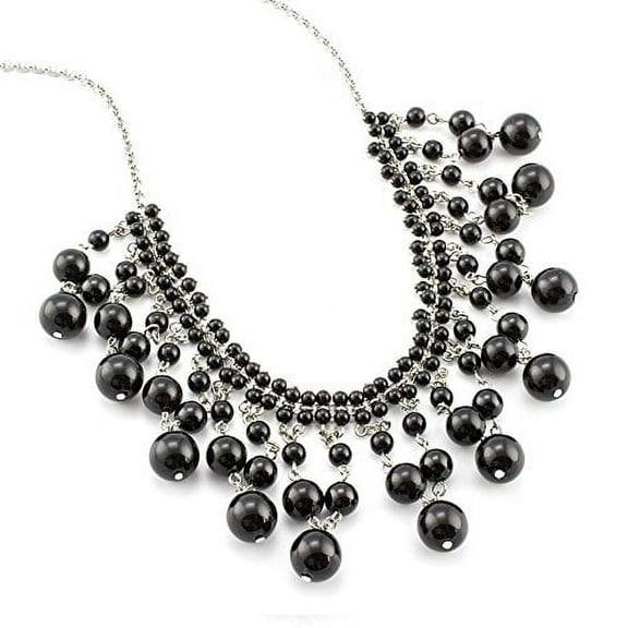 Elegant Black Beaded Statement Necklace with Graduated Drops - 18 inch with Extender Jewelry Necklace Silver