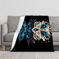thumbnail image 2 of Symmetrical Floral Design Flannel Blanket - Soft Cozy Warm Blue & Peach Patterns on Black Background - Perfect for Sofa & Travel, 2 of 7