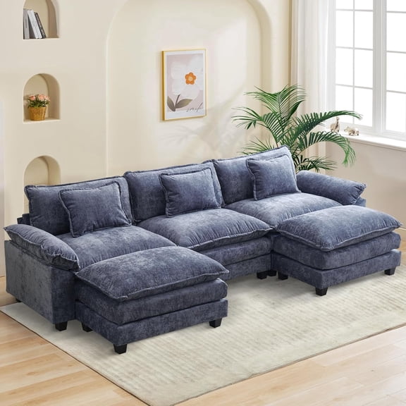 IPKIG Sectional Sofa Comfy Cloud Couch for Living Room with Pillows, Modern Chenille Sofa Sleeper Deep Couches with Two Ottoman (Blue, 5-Seat)