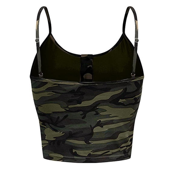 Summer Tanks for Women Camo Print O Neck Button Spaghetti Strap Vest Comfortable Womens Camisole Army Green S