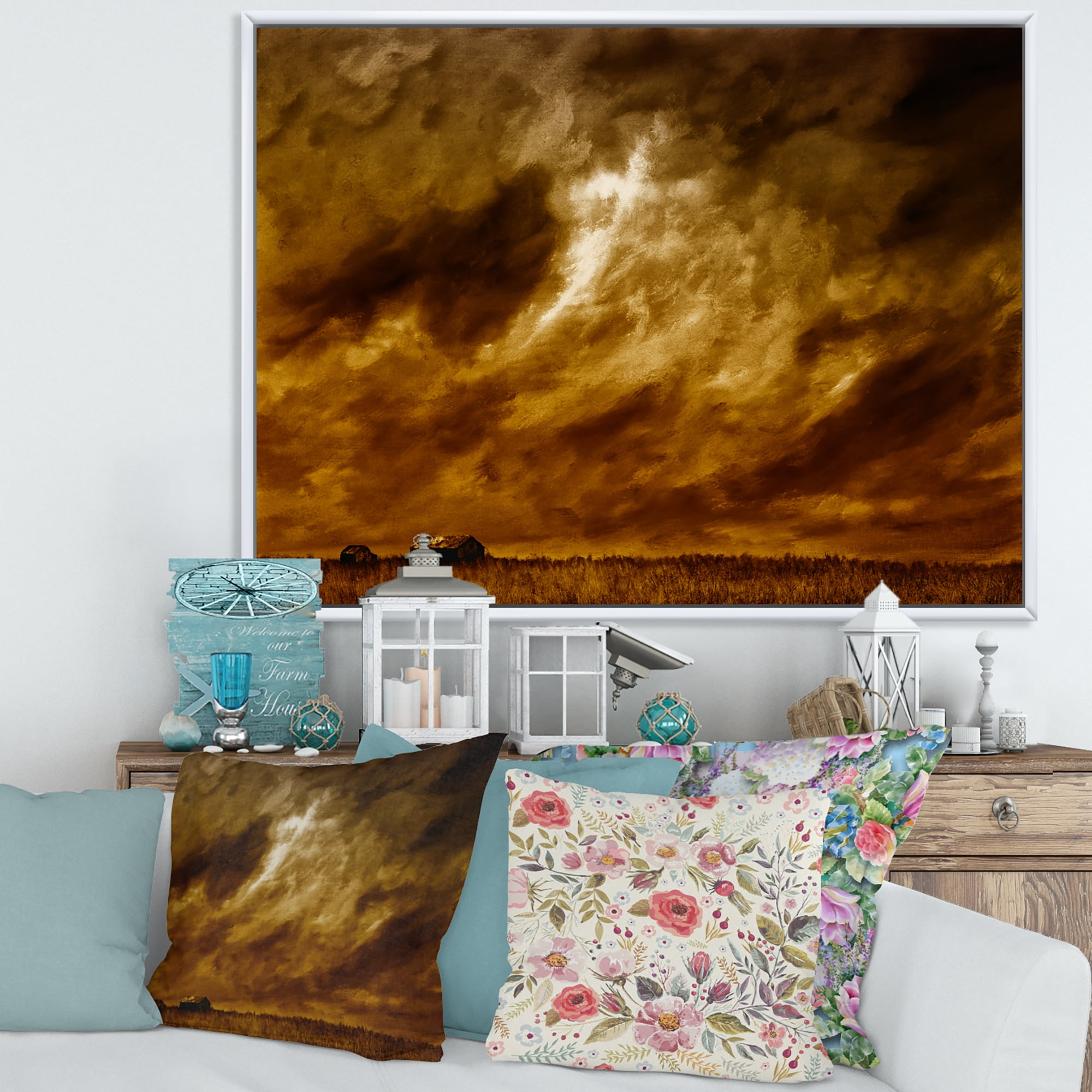 Desert Farmhouse Under Cloudy Sky II 20 in x 12 in Framed Photography Canvas Art Print, by Designart