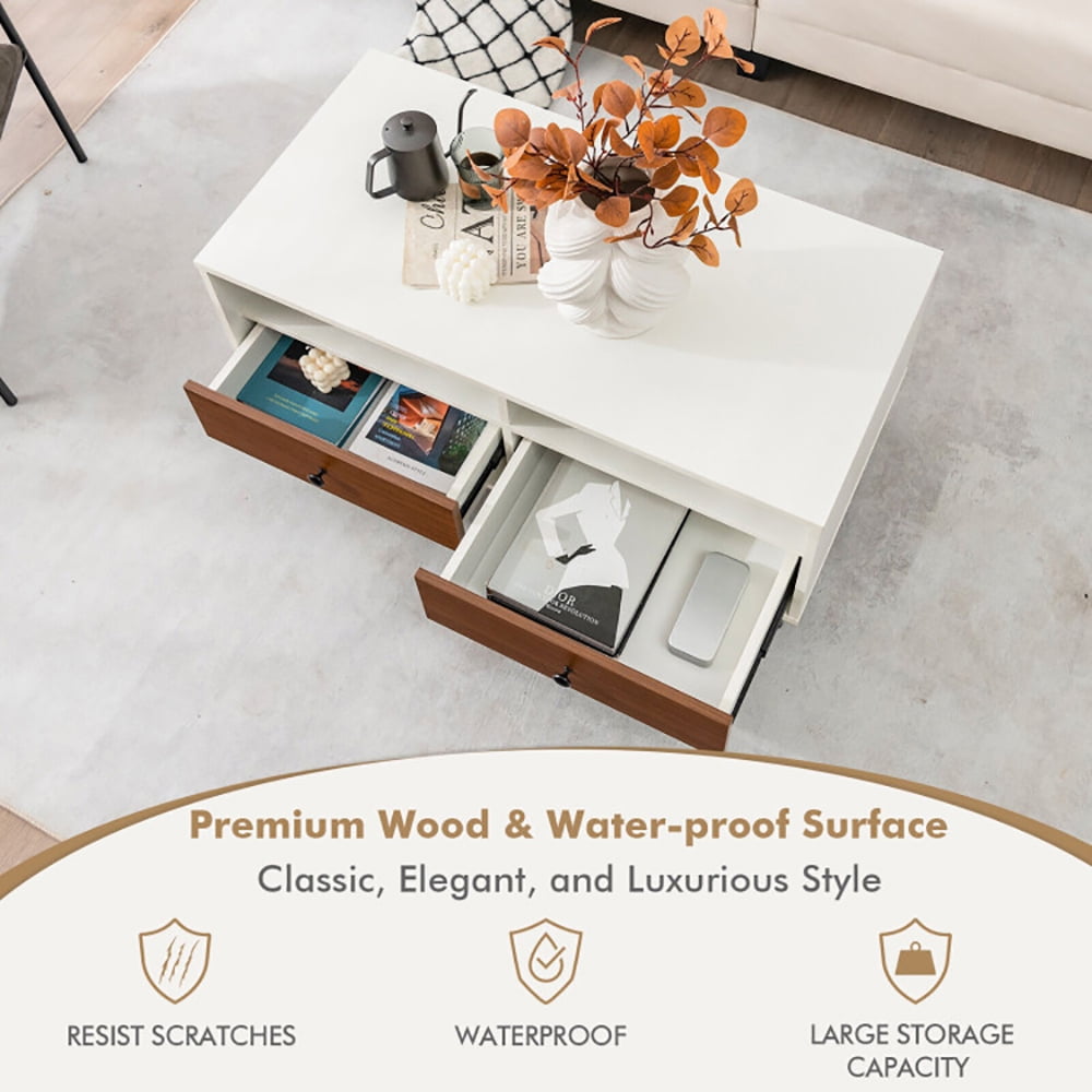 Finihen Coffee Table, Rectangular Coffee Table, 2 Tier 40 Inch Length Modern Rectangle Coffee Table with Storage Shelf and Drawers, for Living Room, Reception Room, Office, White Finihen Coffee Table, Rectangular Coffee Table, 2 Tier 40 Inch Length Modern Rectangle Coffee Table with Storage Shelf and Drawers, for Living Room, Reception Room, Office, White
