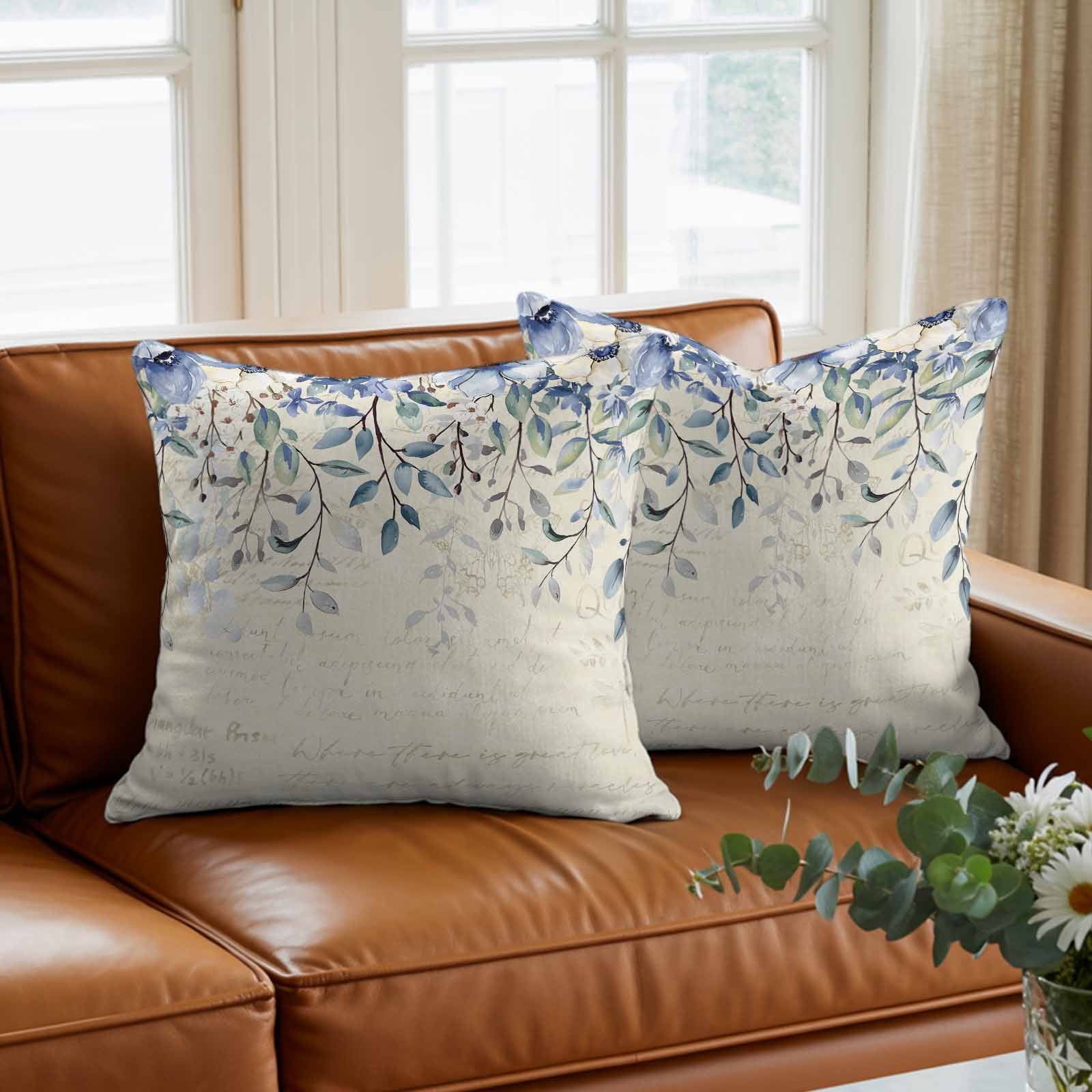 Blue Eucalyptus Leaves Pillow Covers 16x16 Inch, Farmhouse Retro Botanical Floral Linen Pillowcase with Invisible Zipper, Decorative Throw Pillow Covers Cushion Case for Couch Sofa Bed Living Room