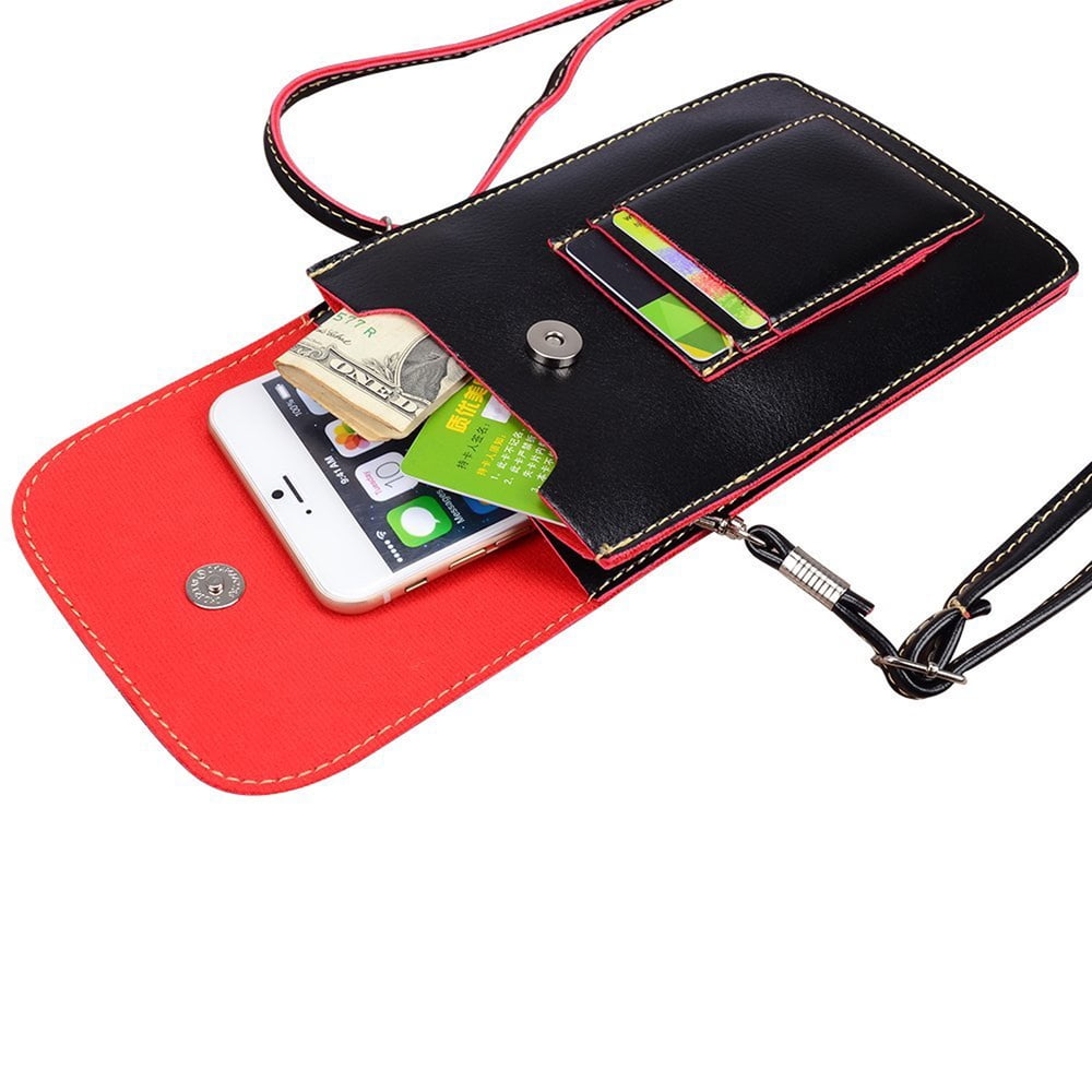 3-PACK: Vegan Leather Vertical Crossbody Smartphone Pouch Wallet (Black) with Removable Adjustable Shoulder Strap, Card Slots, Magnet Button Clasp - fits Smartphones up to 6.5-inch