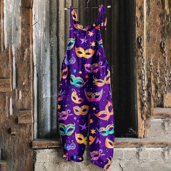 AGWOLF Mardi Gras Jumpsuits for Women Baggy Adjustable Strap Wide Leg Bib Overalls Sleeveless Mask Printed Rompers Festival Outfits