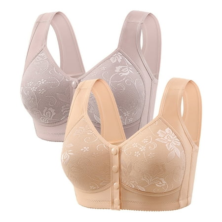 Gnurob 2 Pack Daisy Bras for Women No Underwire Bralette Front Closure Bra Comfort Senior Snap Closing Bralettes for Older Clearance Saving  02-Purple Medium