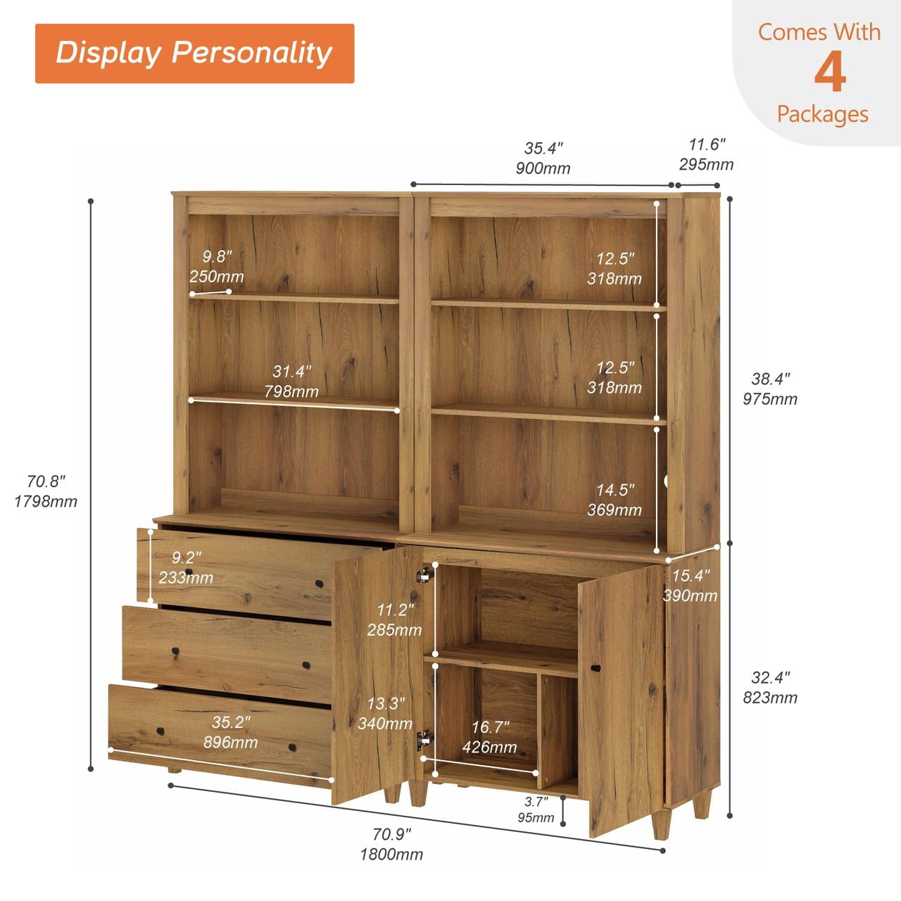 71" Tall Pantry Cabinet Set of 2, 5-Tier Kitchen Storage Pantries with Cabinets and Drawers, Modern Modular Storage Cabinets for Dining Room, Oak Brown