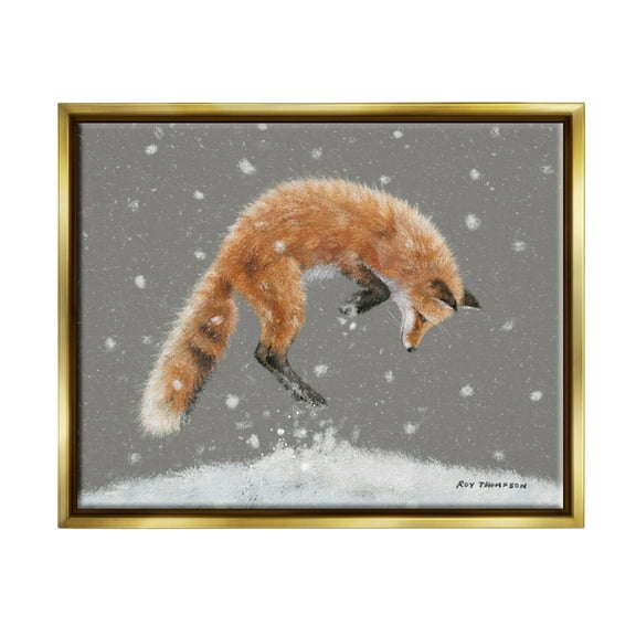Stupell Industries Jumping Fox Winter Snowfall Holiday Painting Gold Floater Framed Art Print Wall Art