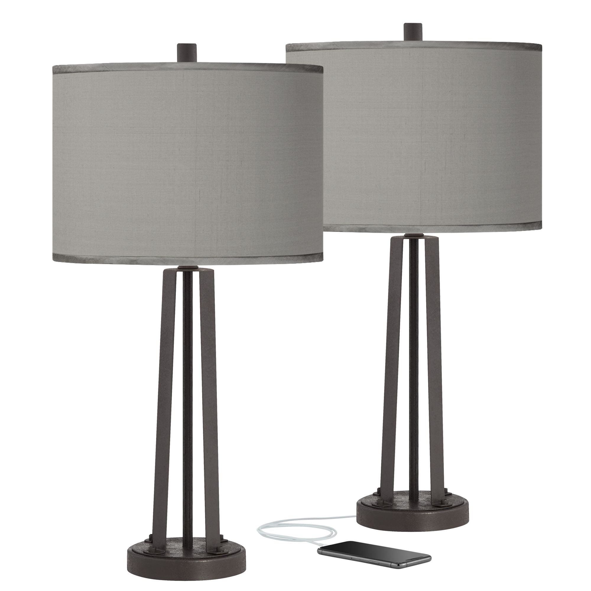 Possini Euro Design Modern Contemporary Table Lamps Set of 2 with USB Charging Port Base Black Bronze Cream Faux Silk Drum Shade for Living Room Bedroom House Bedside Nightstand Home Office Family