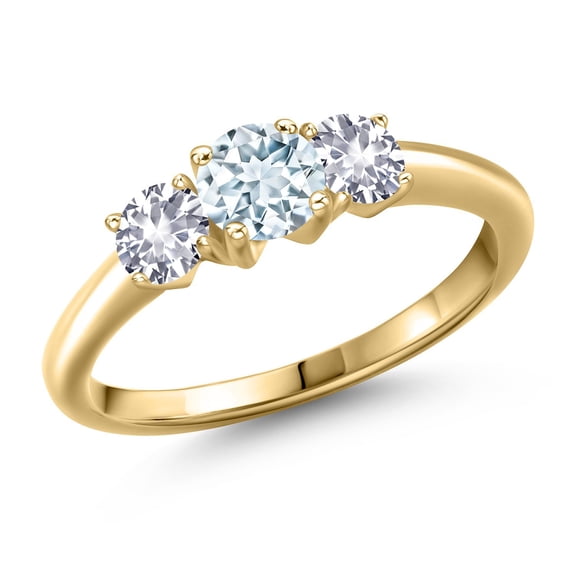 Gem Stone King 10K Yellow Gold Sky Blue Aquamarine and White Created Sapphire Engagement Ring for Women | 1.00 Cttw | Round 5MM | Gemstone March Birthstone | Size 8