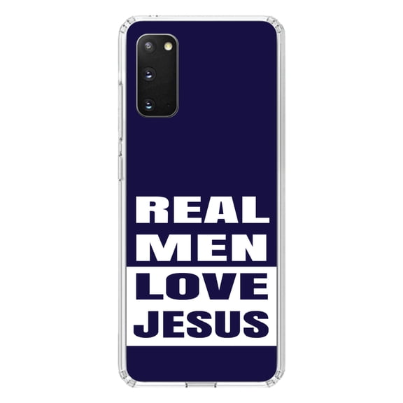 DistinctInk Clear Shockproof Hybrid Case for Galaxy S20 / S20 5G (6.2" Screen) - TPU Bumper, Acrylic Back, Tempered Glass Screen Protector - Navy Real Men Love Jesus - Christ