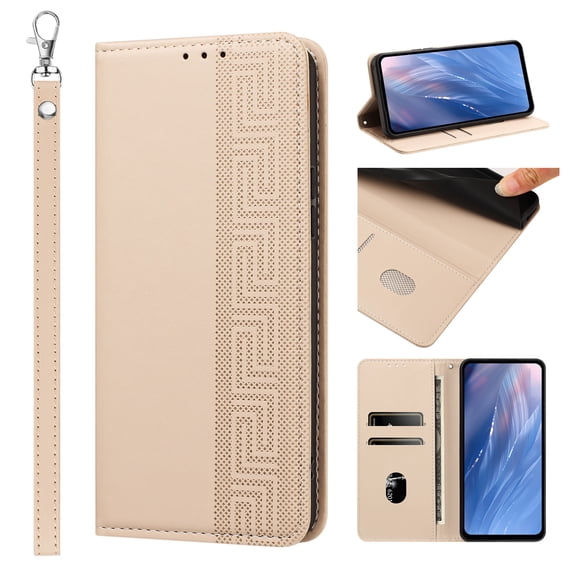 Feishell Wallet Case For Samsung Galaxy S23 FE, Premium PU Leather Flip Folio Cover with RFID Blocking Card Slots Cash Pocket Kickstand Wrist Strap Embossed Pattern Shockproof Phone Case,Beige