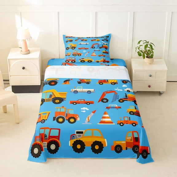 Castle Fairy Cartoon Construction Truck Twin Sheet Sets 3pcs for Kids, Cute Excavator Vehicle Bedding for Bedroom, Bright Blue