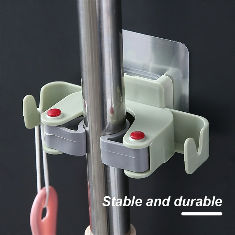 1pc Wall Mounted Aluminum Mop Holder With 2 Clips And 3 Hooks