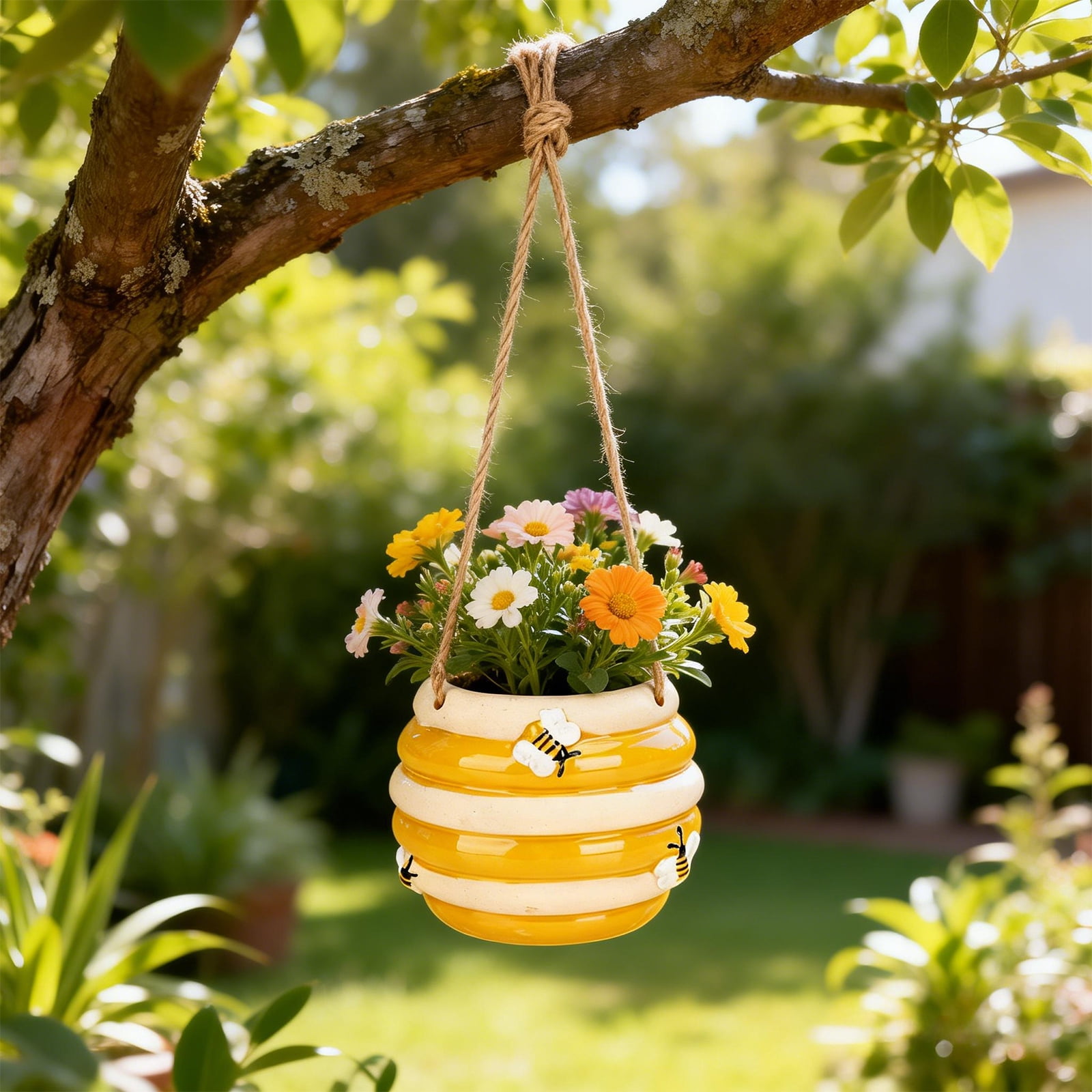 Ceramic Bee Hive Hanging Planter – Yellow & White Striped Flower Pot with Jute Rope Hanger, Bee Decor for Indoor/Outdoor Plants, Succulents & Flowers