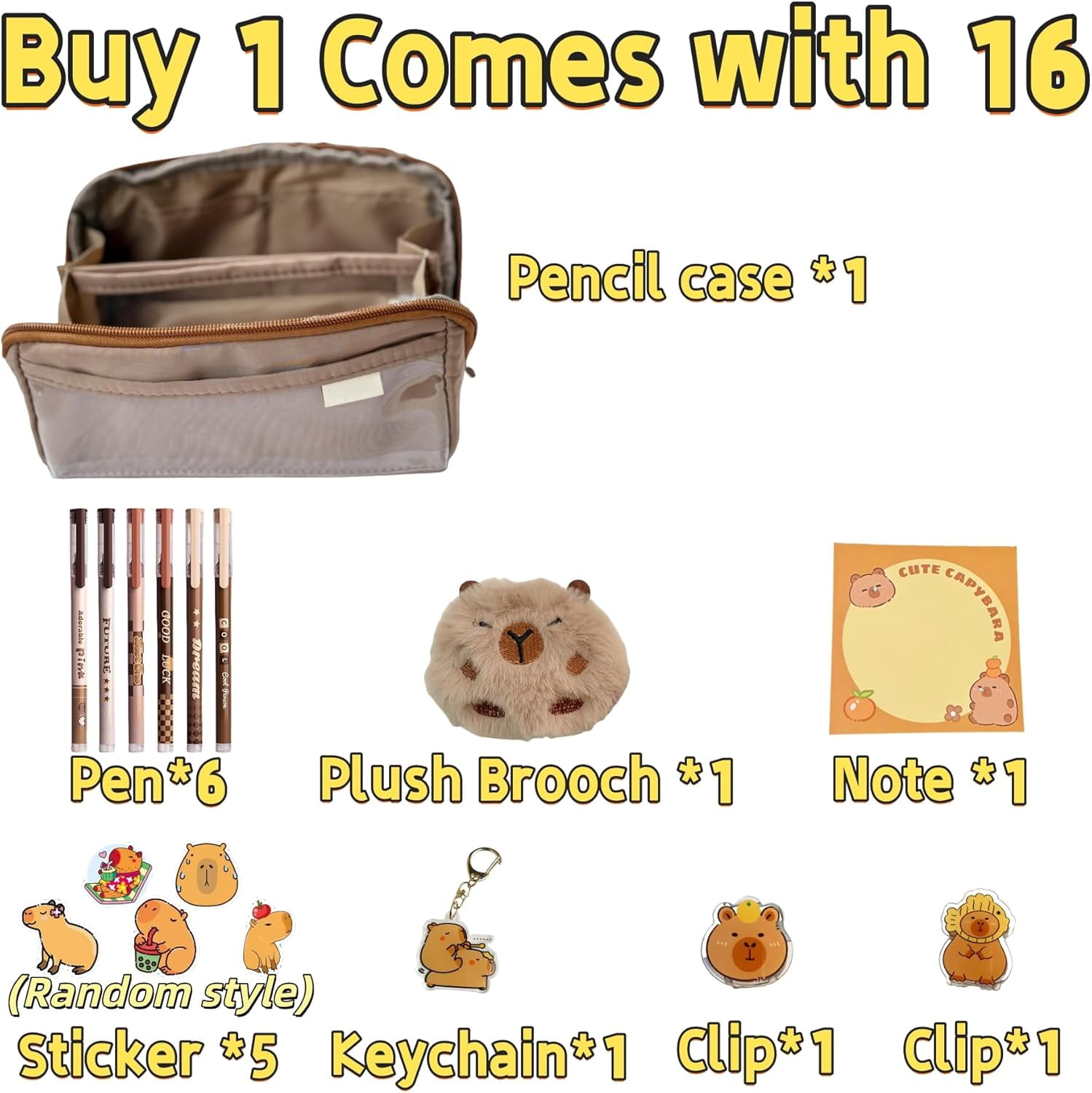 Adorable Capybara Pencil Case with 16PCS Cute Accessories, Kawaii Pen Pouch: Includes Pens, Capybara Plush Brooch, Keychain, Clips, Note, and Stickers