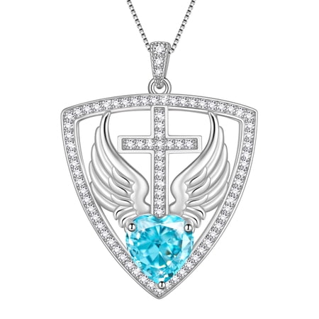 Beautlace 925 Sterling Silver Cross Shield Necklace with Wings and Heart March Aquamarine Birthstone Pendant Necklace Faith and Guardian Jewelry Birthday Christmas Valentines Gifts for Women Mom