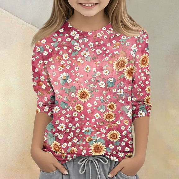 Cute Summer Tops for Kids Girls Size 10-12 Casual 3/4 Sleeve Crew Neck Girls Shirts Funny Daisy Printed Tees Girls Clothes Blouse T-Shirt Pink 7-8 Years