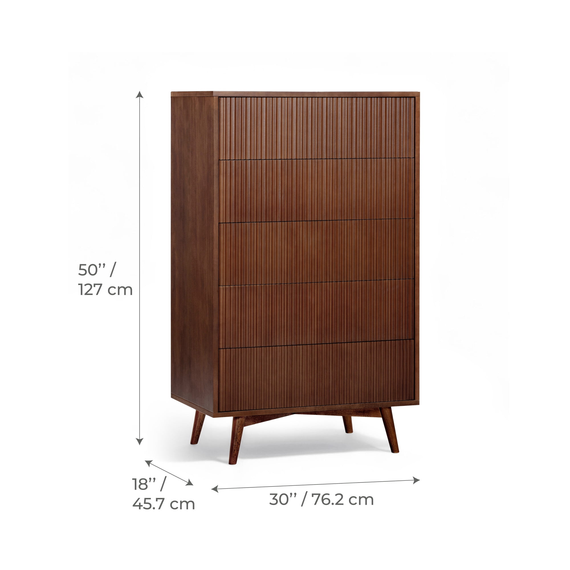 Tremolo 5-Drawer Dresser, Walnut – Teamson Home: Push-Open Chest of Drawers with Natural Acacia Fluted Fronts for Modern Bedrooms & Closet Storage