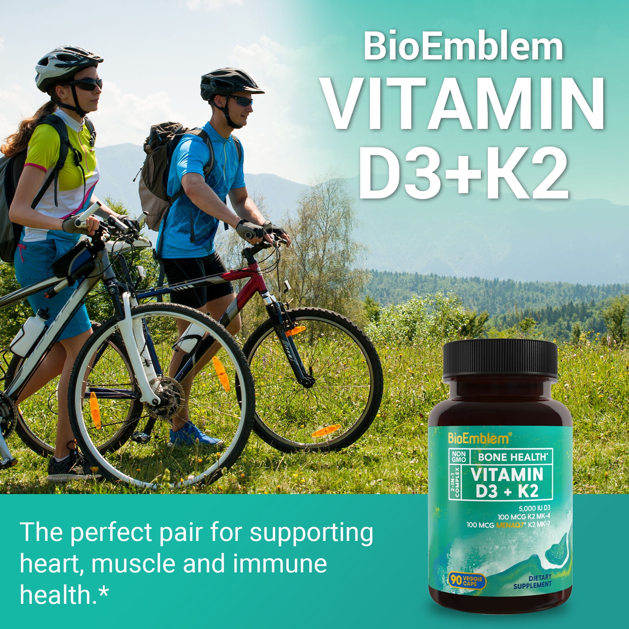 BioEmblem Vitamin D3 K2 5000IU with Patented MK7/MK4, 3-in-1 Support for Bones, Heart & Immunity