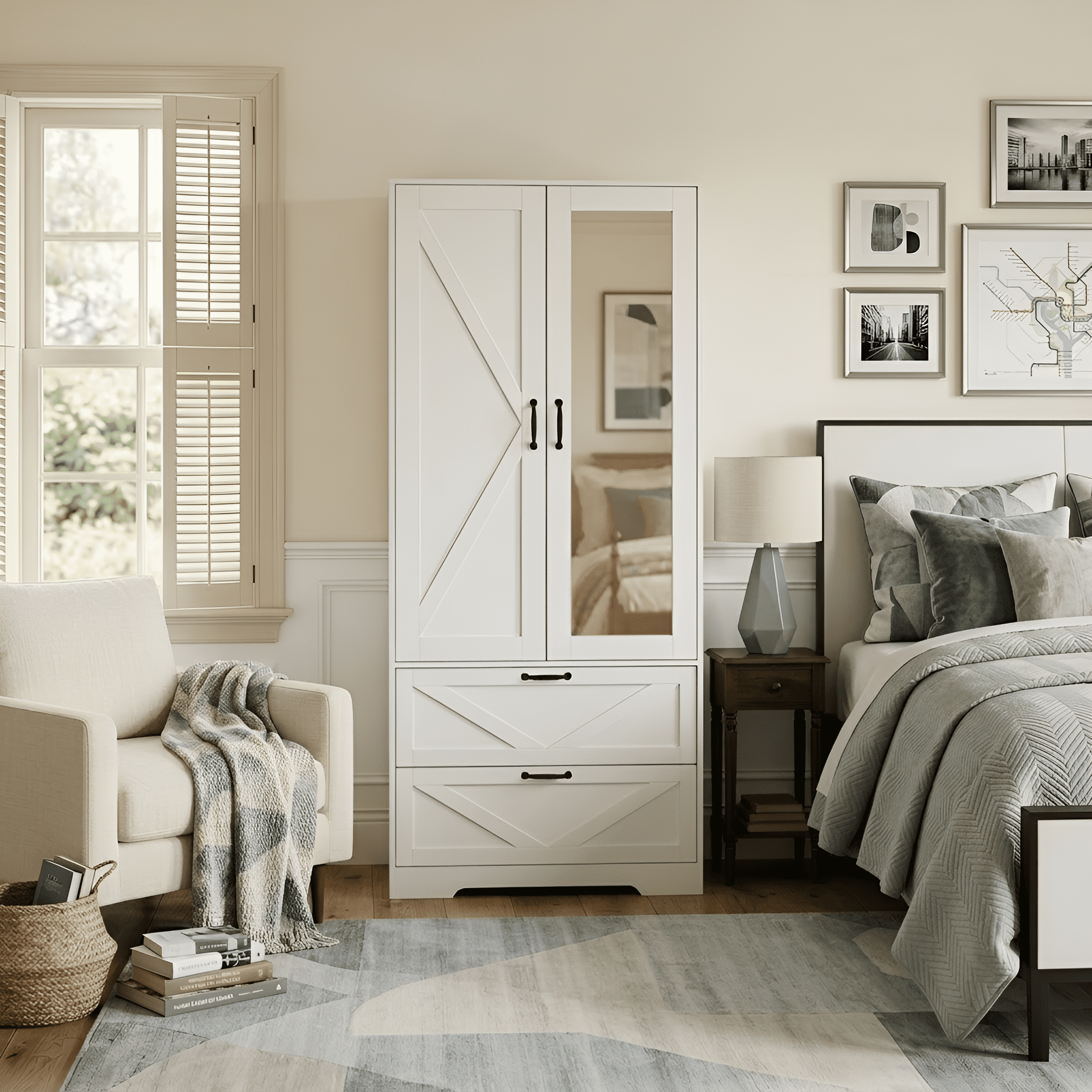 Mintazer 71" Tell Wardrobe Armoire with Mirror Door & 2 Large Drawers and Built-in Induction Light, Freestanding Clothing Storage Cabinet with Hanging Rod & Shelves for Bedroom, White